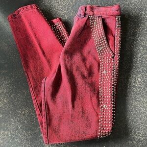 Vtg 80s Red/Black Acid Wash Jeans Womens High Waisted Embellished 7/8 USA NFR